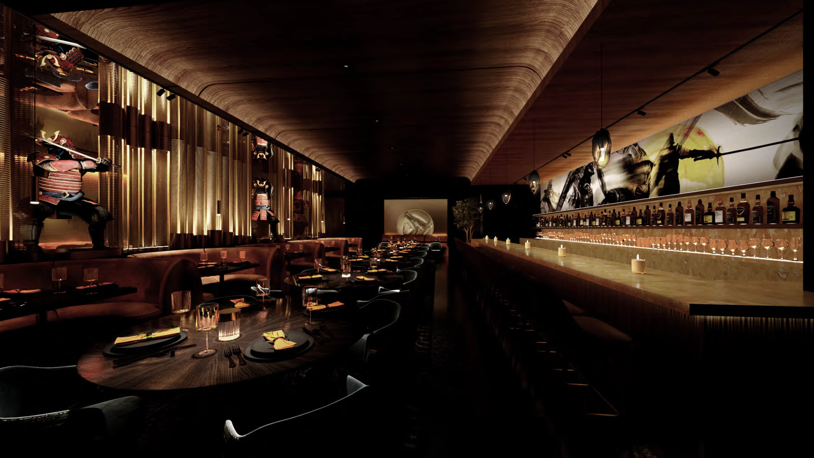 a long table with tables and chairs in a restaurant