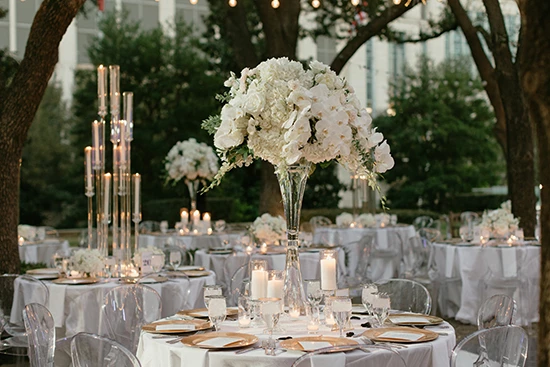 a set table with white flowers