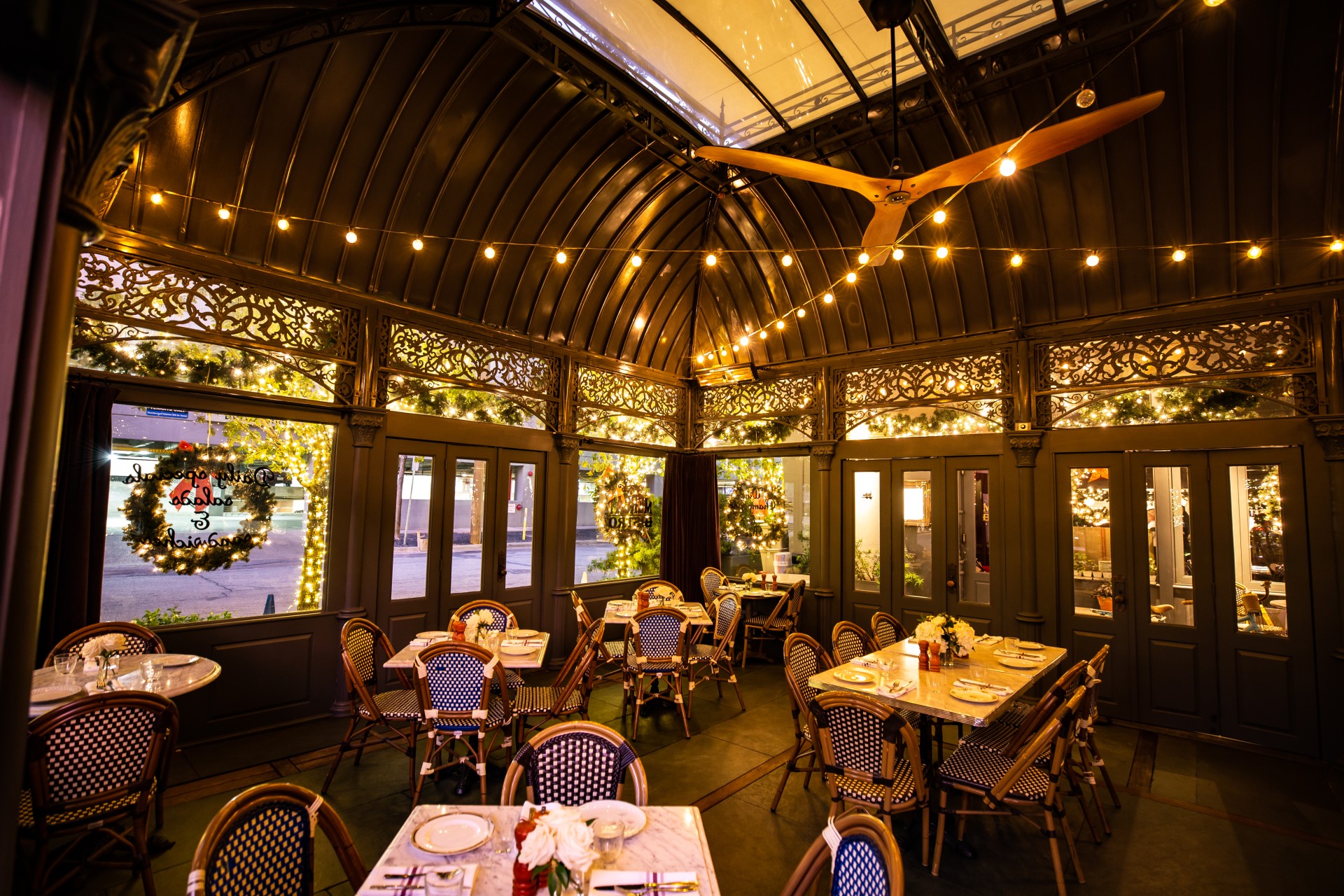 a room with tables and chairs