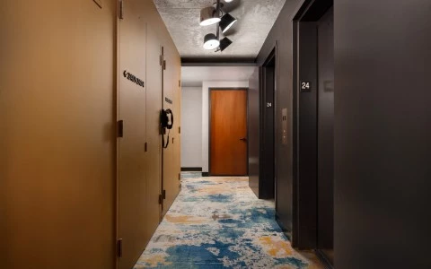 a hallway with doors and a light fixture