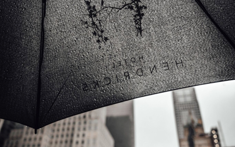 a black umbrella with a logo on it