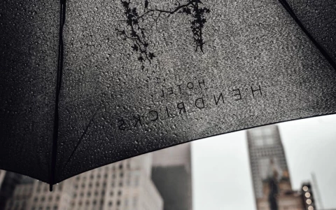 a black umbrella with a logo on it