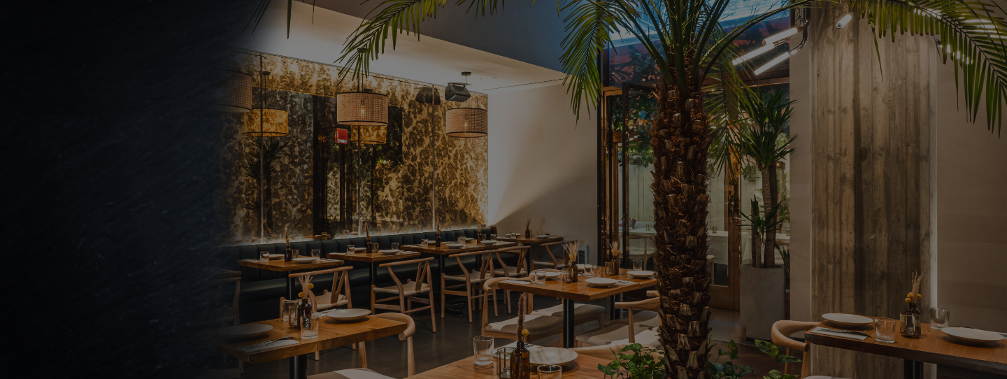 A dimly lit restaurant dining area with wooden tables and chairs, a palm tree, and decorative lighting.