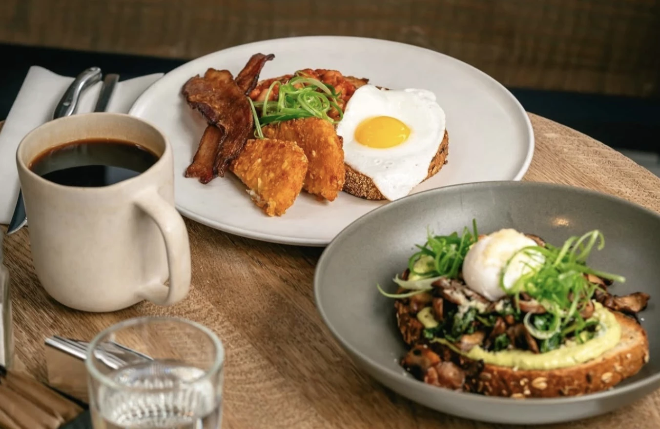 a plate of food and a cup of coffee