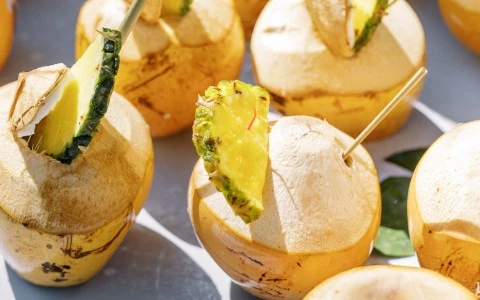 Closeup shot of shaved coconuts with straws and sliced pineapples.