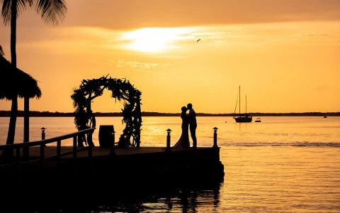 Sunset view of a newly wedded couple going for a kiss.
