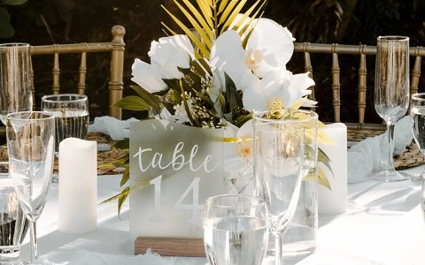 a table with white flowers as the centerpiece