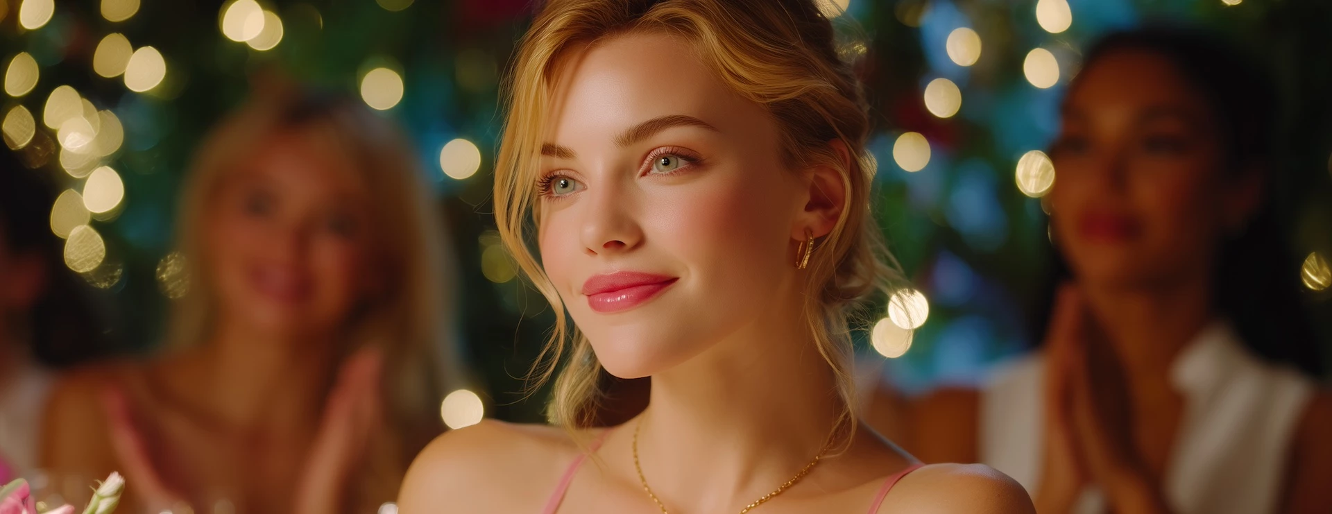 a woman with blonde hair and a necklace