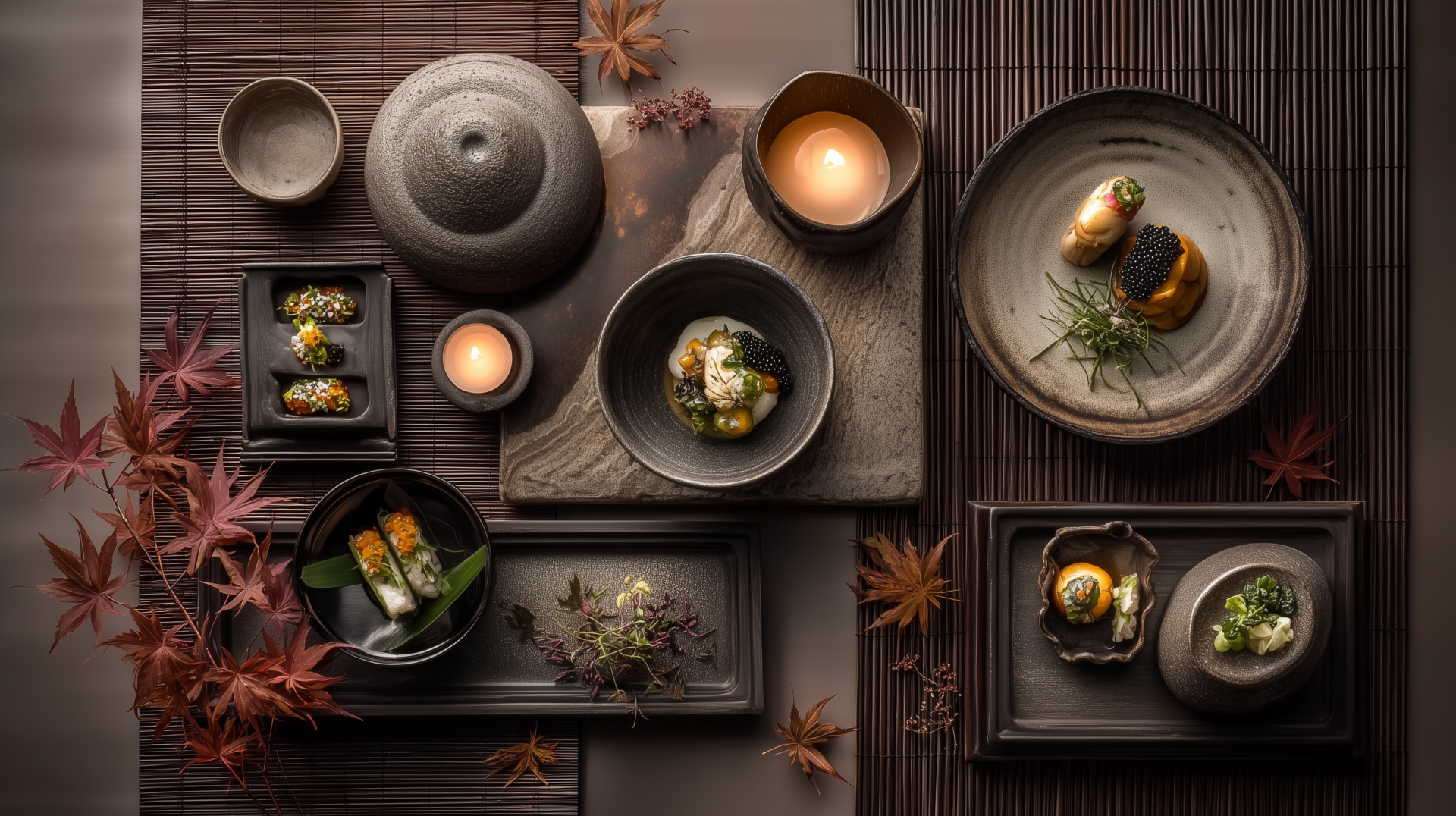 a table with plates and bowls of food