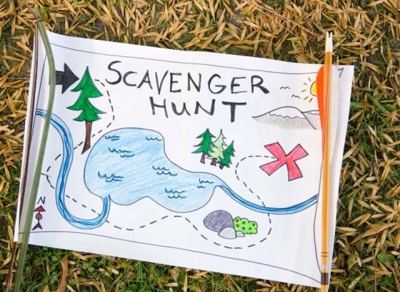 a paper with a drawing and arrows on it for a Scavenger Hunt at Hidden Pond