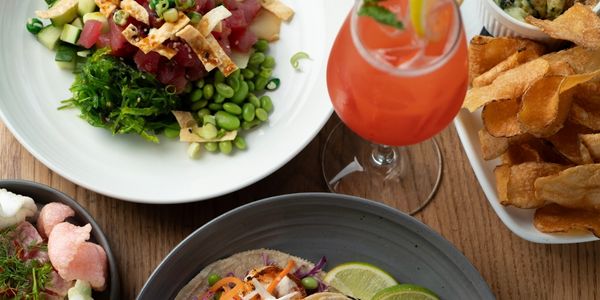 a plate of food and a drink