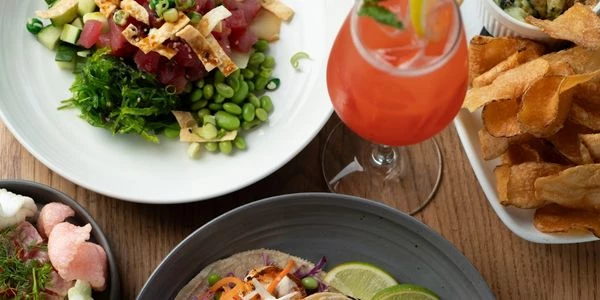 a plate of food and a drink