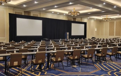 back view of a conference room with two big screens on the stage16