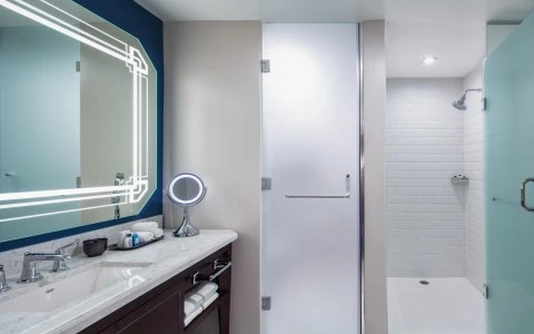 bathroom with a shower and a side sink 21