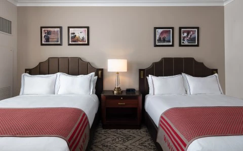 front view of a bedroom with two double beds and a center lamp 15