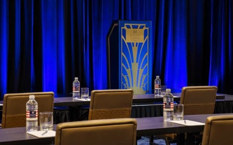 conference room close view showing some chair and blue curtains 23