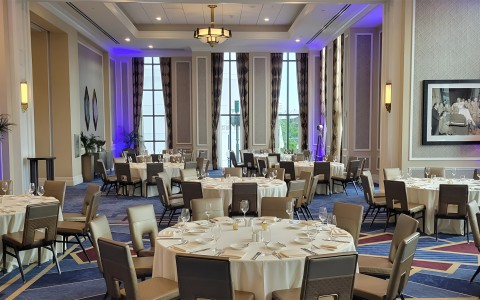 a room with tables and chairs