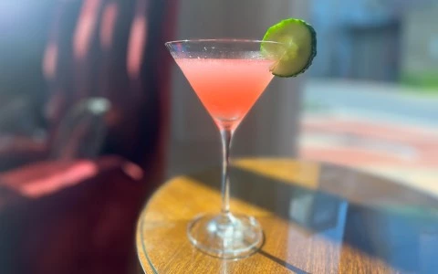 a glass with a drink and a slice of cucumber on it15