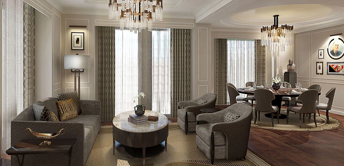 In room living space with sofa next to dining area