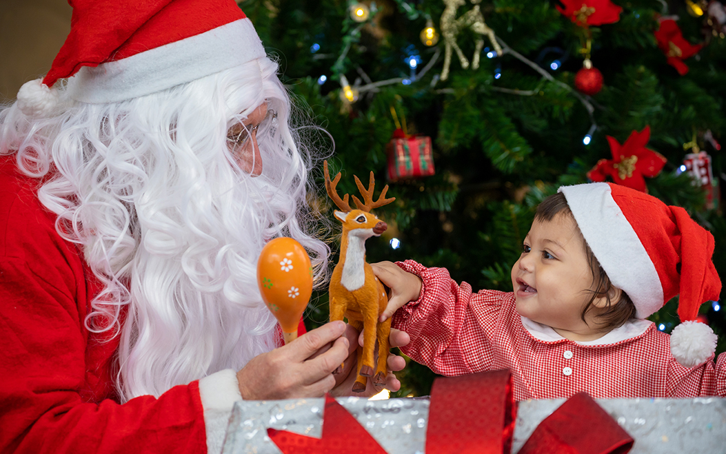 a man in santa garment holding a toy deer