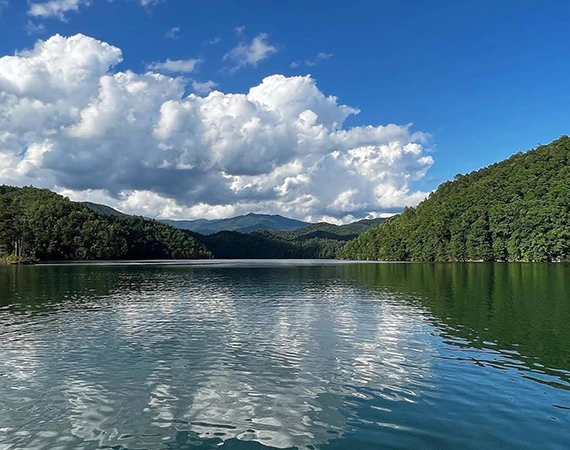 a body of water with trees and mountains in the background