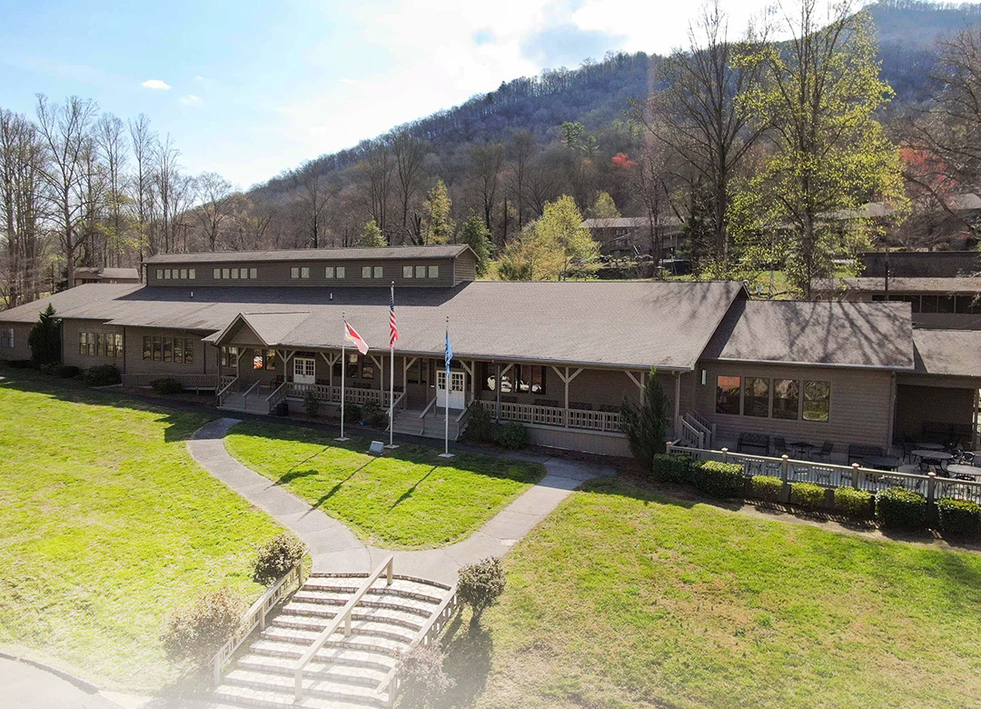 a building with flags in front of it