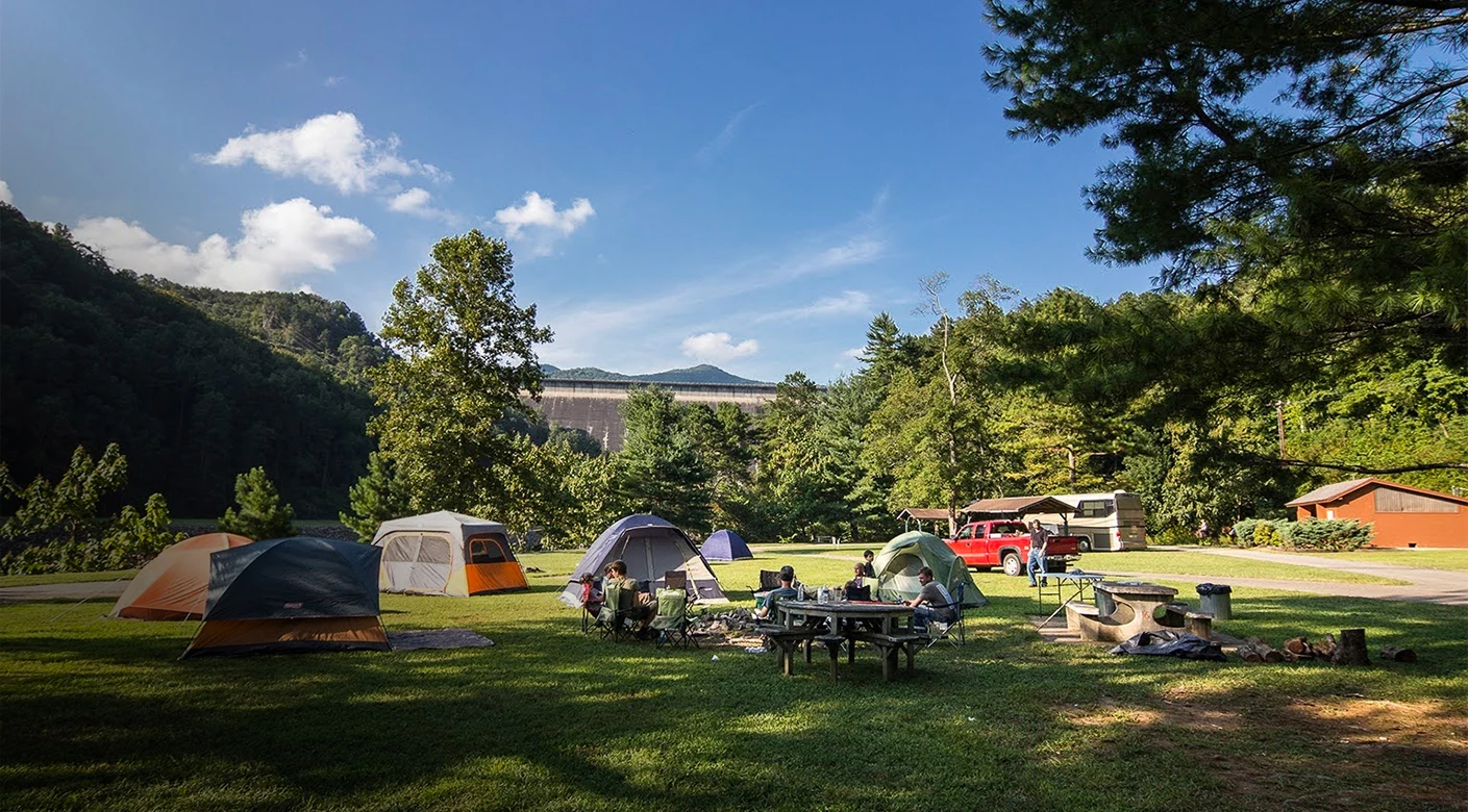 a group of people sitting in a grassy field with tents and trees