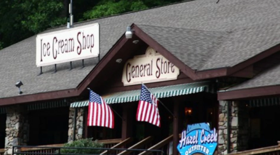 a restaurant with a flag