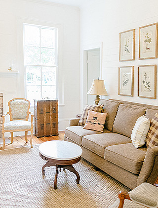 comfy tan couch in living room