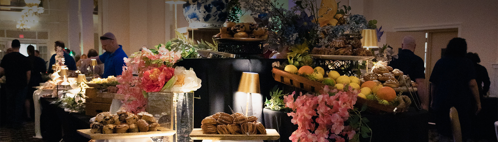 a table with food and flowers