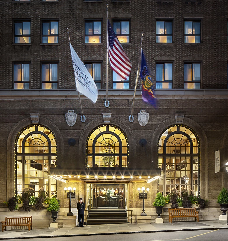 a building with flags in front of it