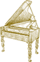 a yellow piano on a black background