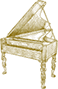 a yellow piano on a black background