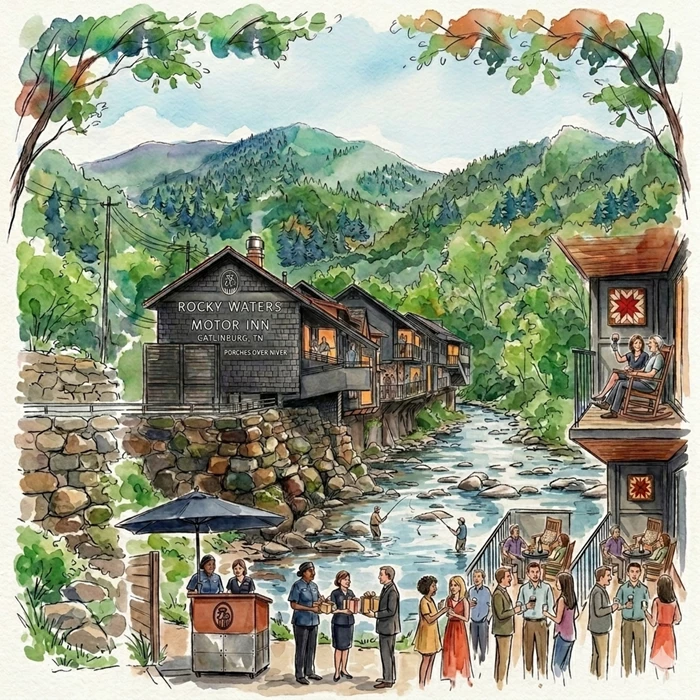 a group of people standing in front of a river