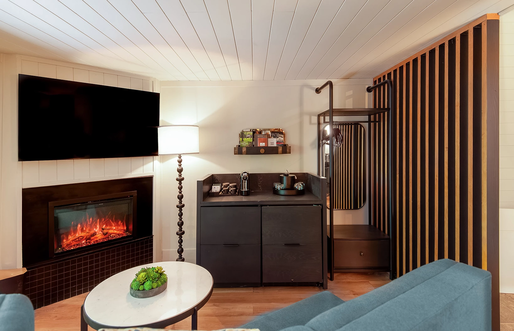 a room with a fireplace and a couch