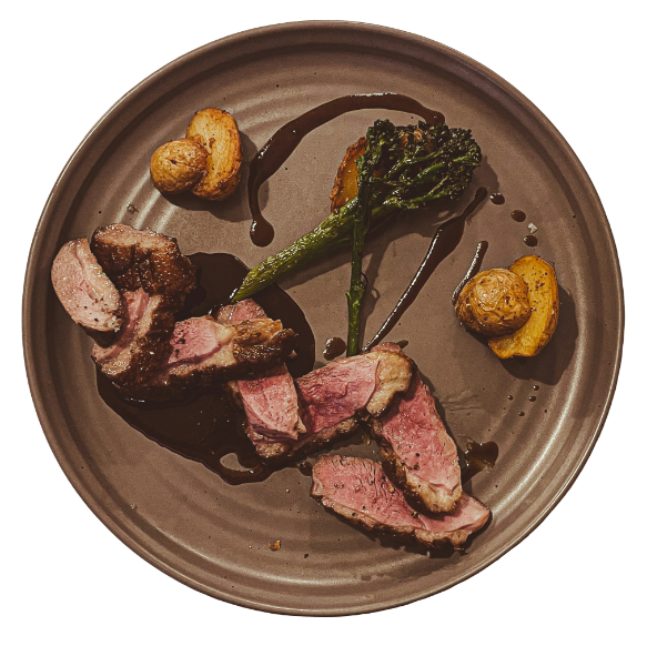a plate of meat and vegetables