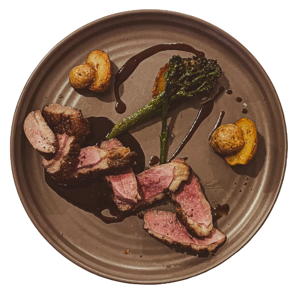a plate of meat and vegetables