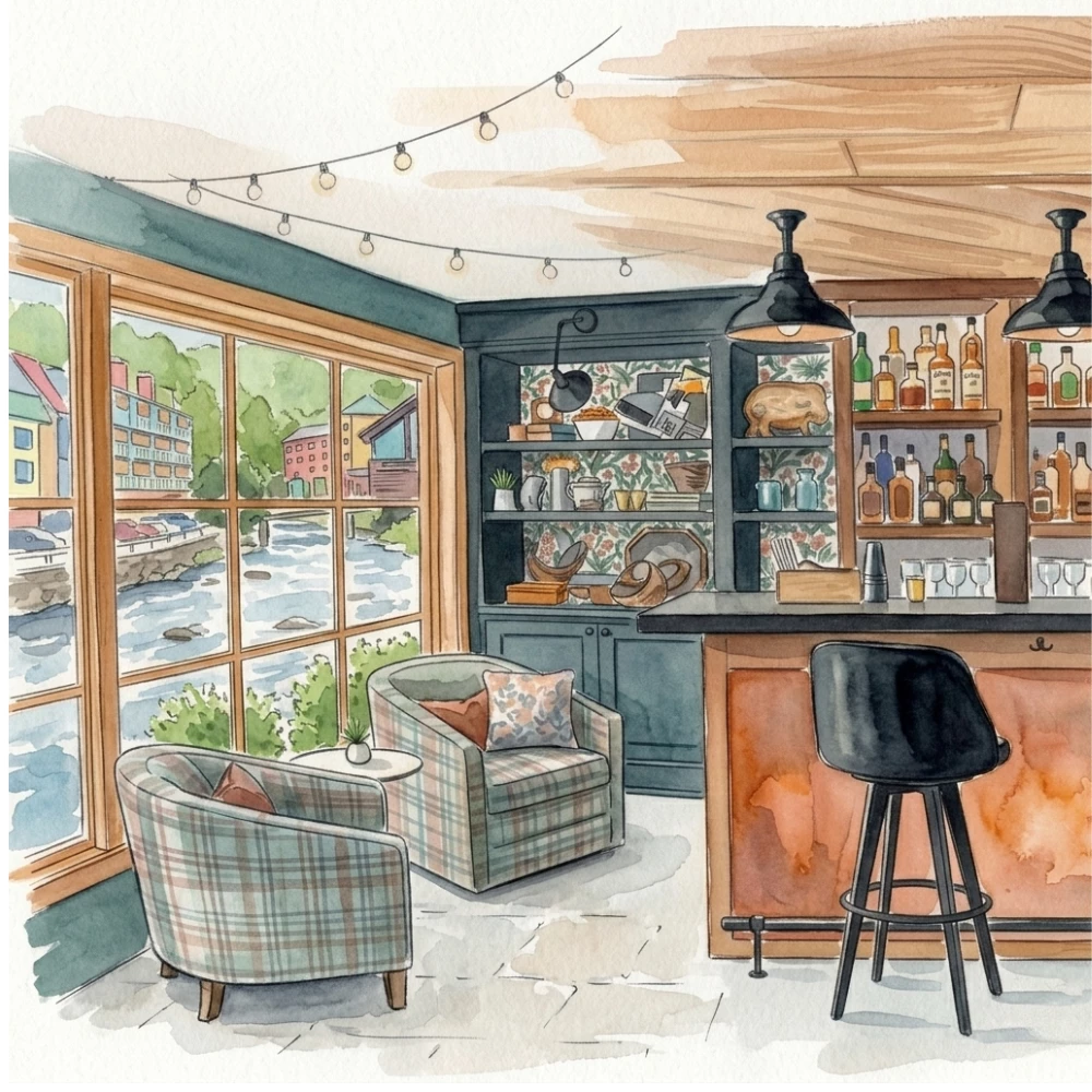 a drawing of a bar with chairs and a bar stool