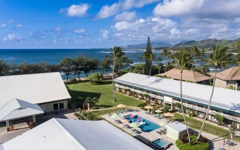 Aerial view of the hotel, palm trees and some cottages