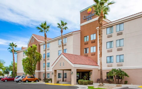 hotel entrance exterior with palm trees