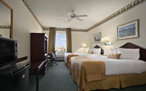 hotel room with two beds with yellow and white sheets