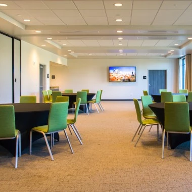 a room with a black table and green chairs