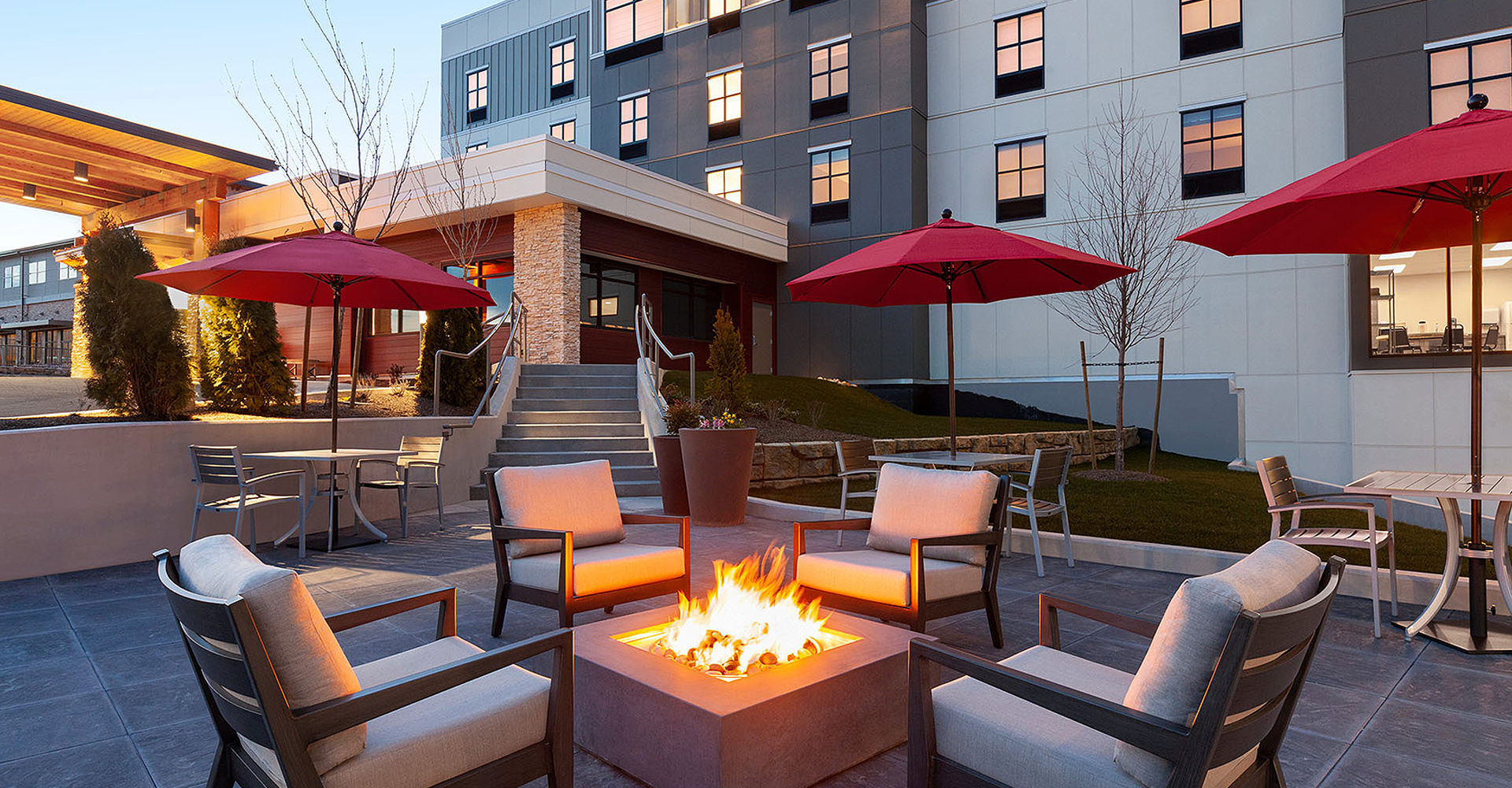 the outdoor fire pit at dusk