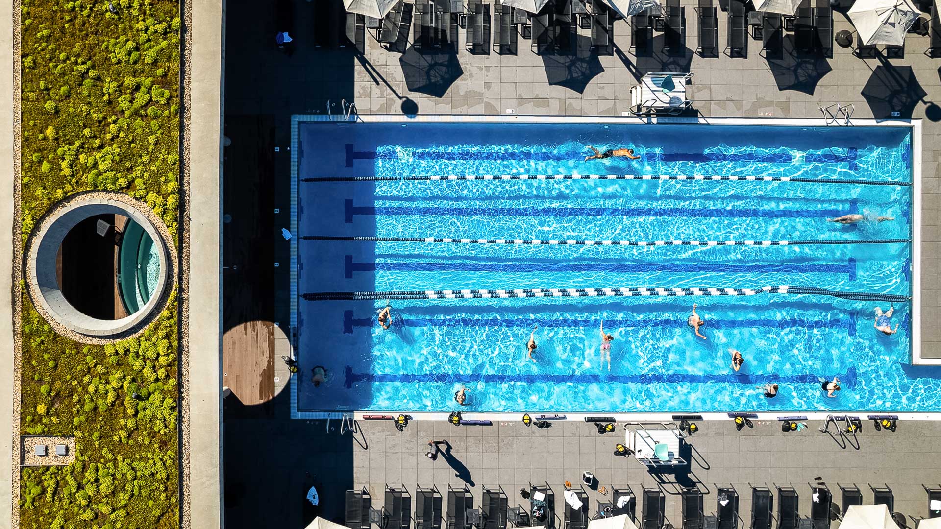 aerial view of people swimming in a pool