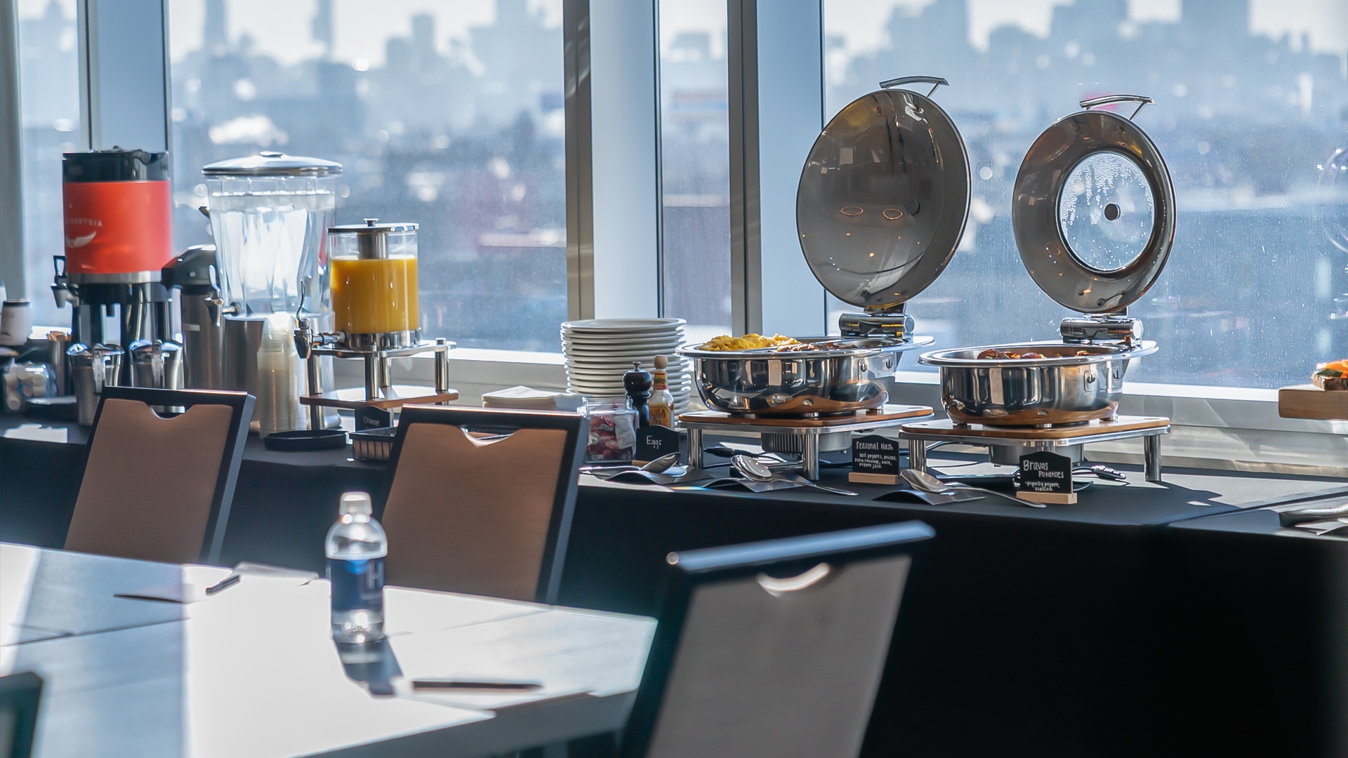 a buffet table with food and drinks