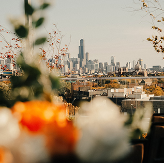 a city skyline seen from a rooftop