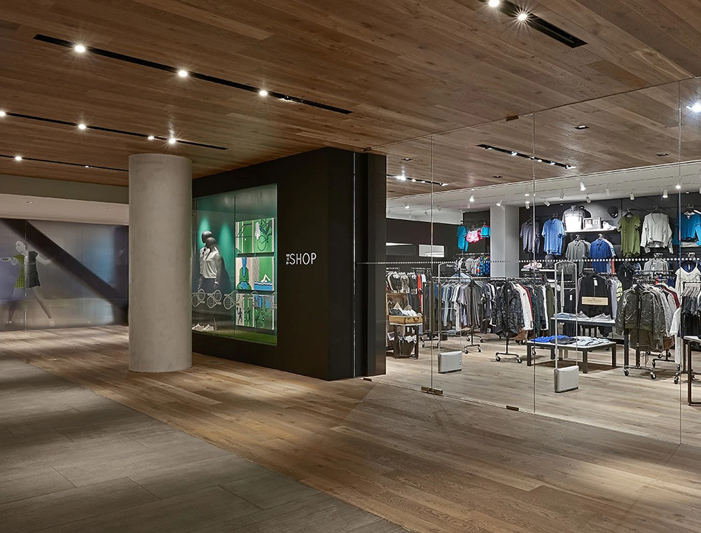 a store with a glass wall and a display window