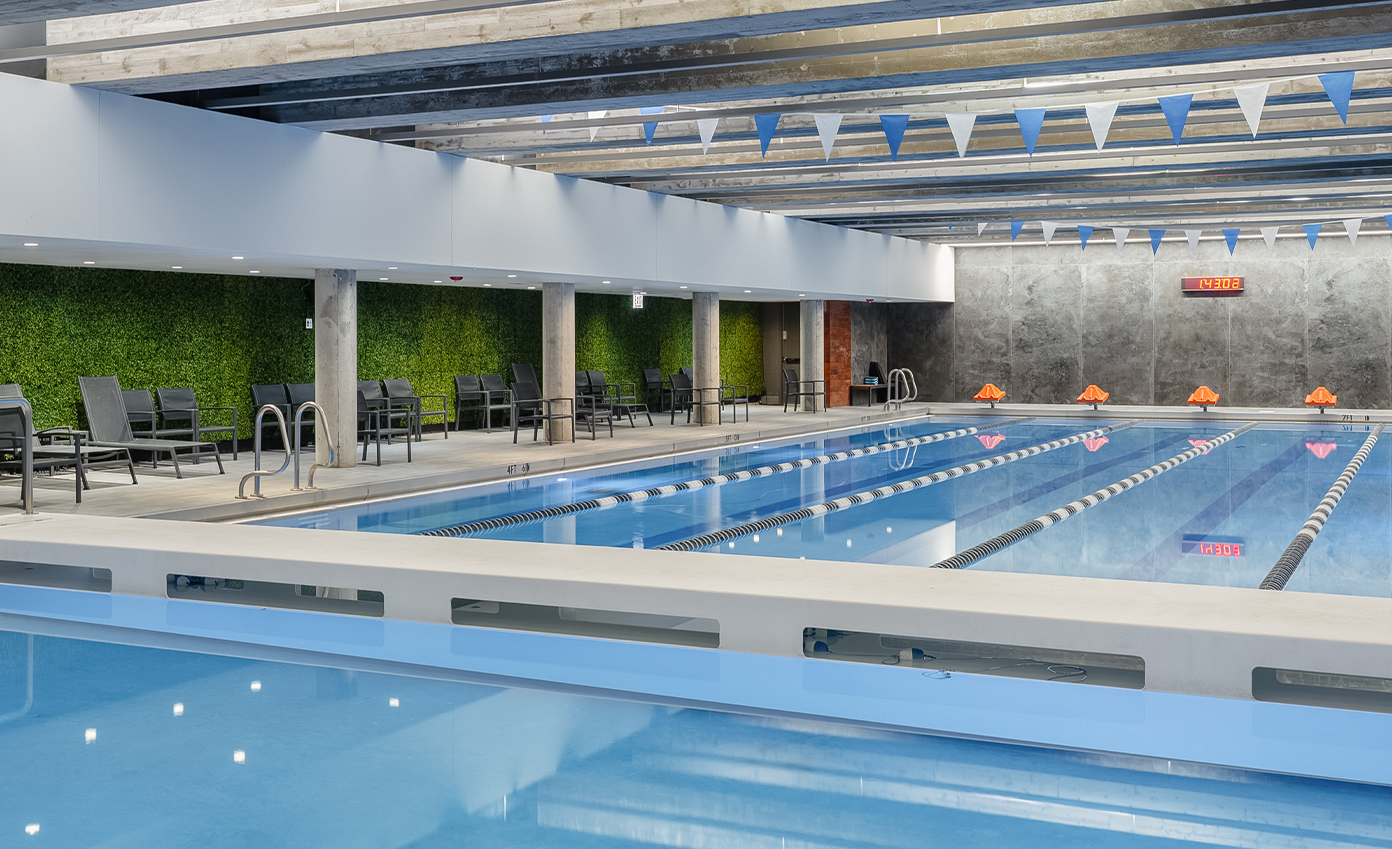 a swimming pool inside a building