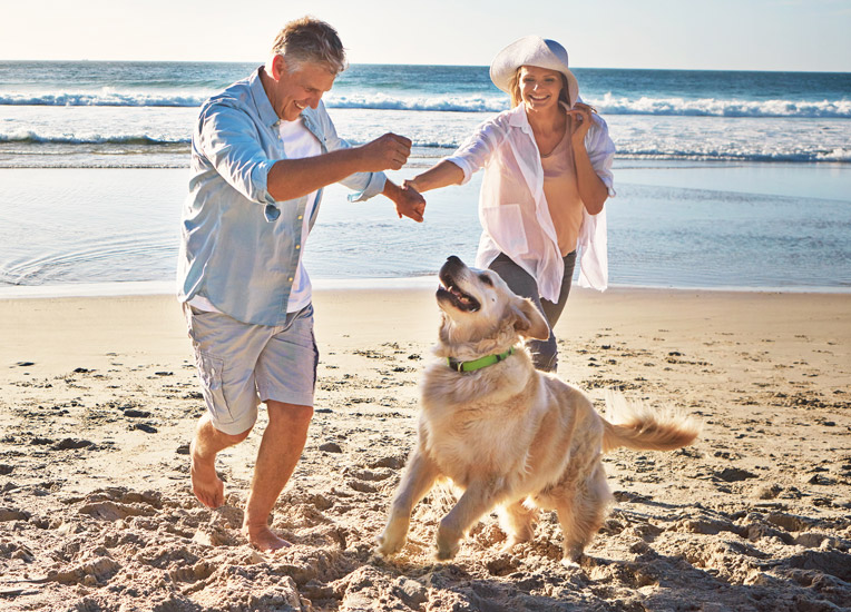 couple playing with their dog at the beach