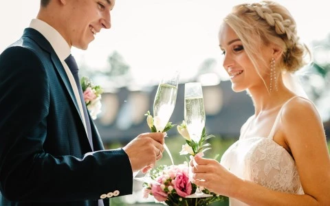 Young married couple making a toast with champagne